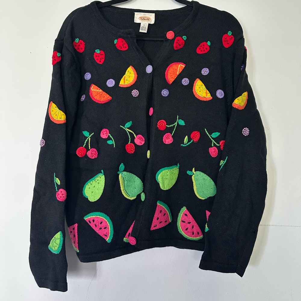 vintage Fun and fruity appliqué black cardigan